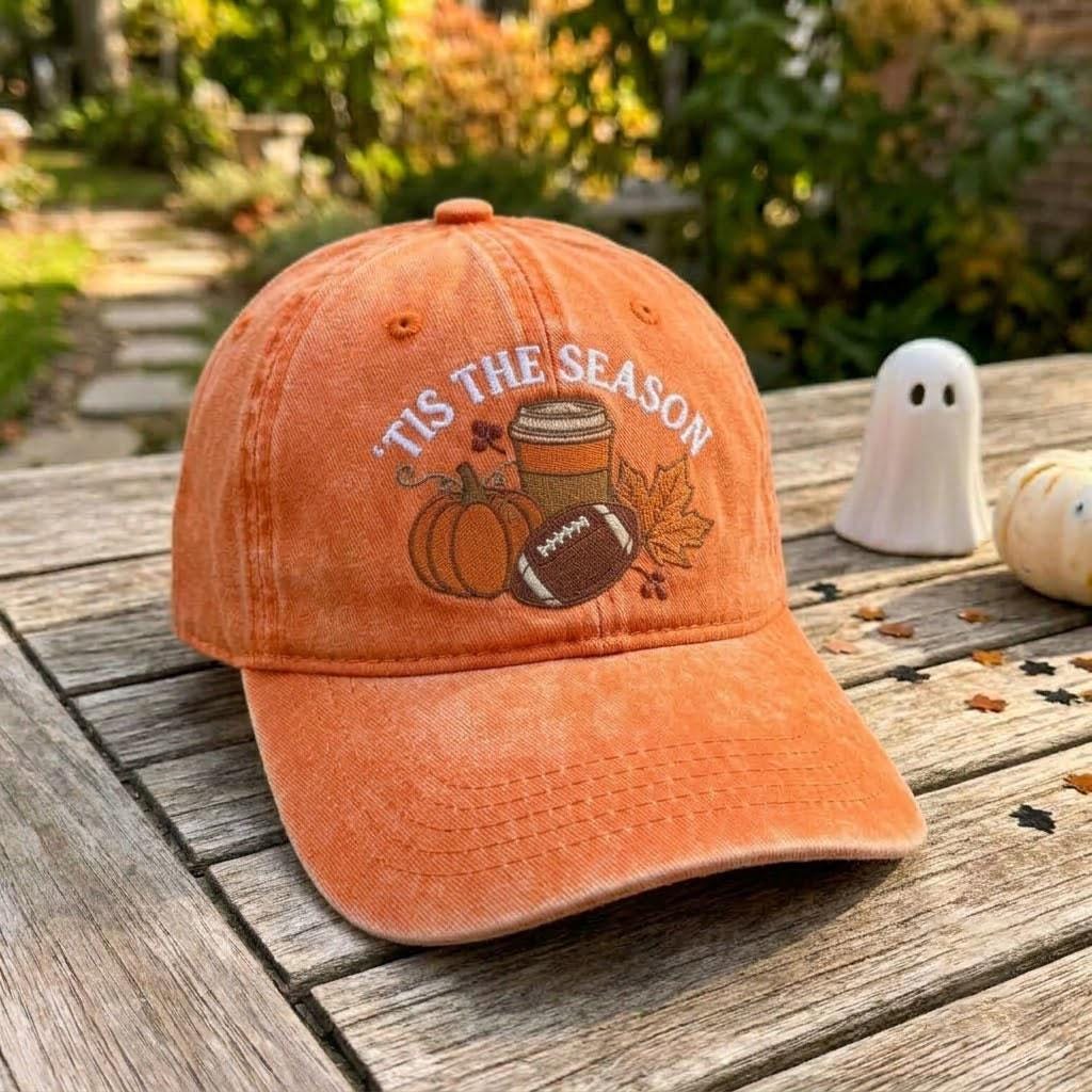 Tis the Season Embroidered Hat, Autumn Football Pumpkin Dad Cap