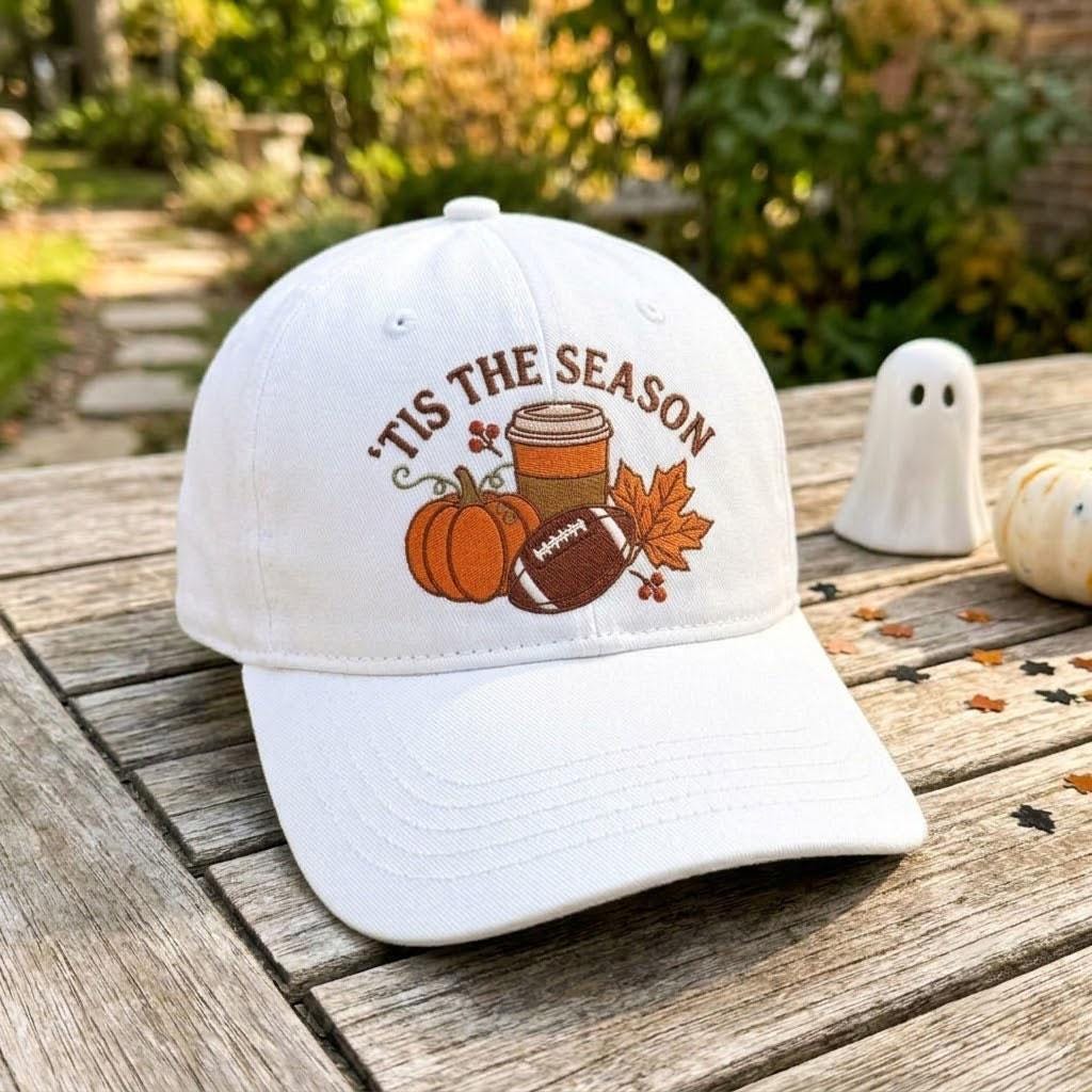 Tis the Season Embroidered Hat, Autumn Football Pumpkin Dad Cap
