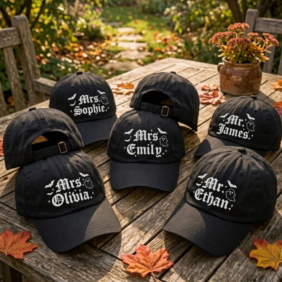 Custom Embroidered Halloween Hat, Personalized Wife Ghost Bat Hat, Gothic Spooky Season Hat, Custom Name Halloween Cap
