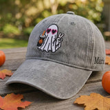 Custom Name Ghost Iced Coffee Hat, Orange Halloween Washed Dad Hat, Retro Spooky Season Coffee Lover Baseball Cap, Autumn Fall Gift For Her
