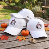 Custom Name Ghost Iced Coffee Hat, Orange Halloween Washed Dad Hat, Retro Spooky Season Coffee Lover Baseball Cap, Autumn Fall Gift For Her