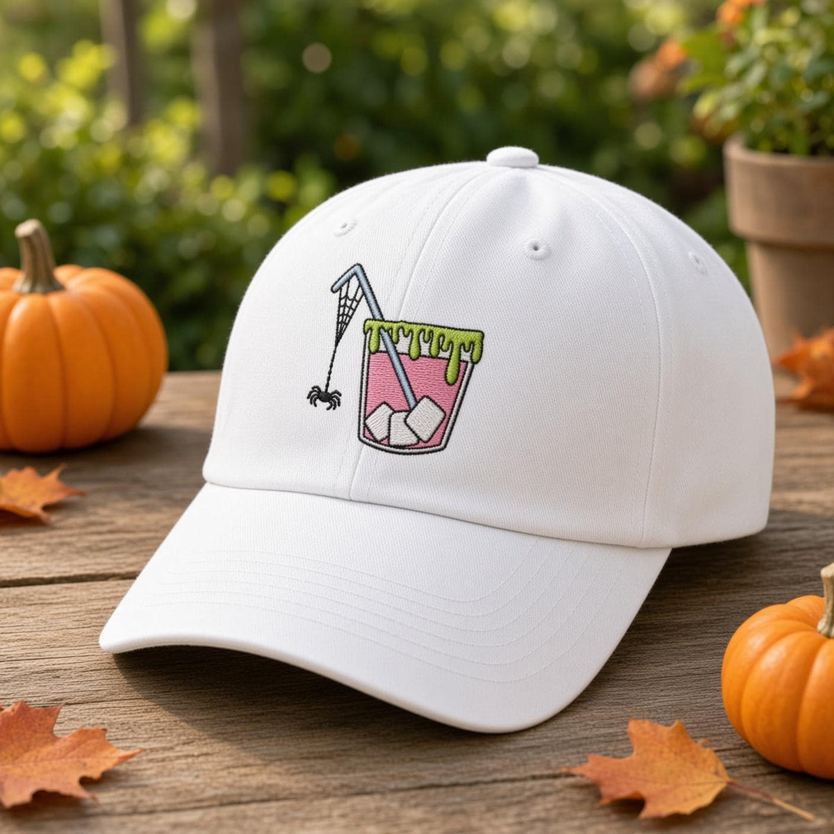 Custom Spooky Cocktail Embroidered Hat, Halloween Drink White Dad Hat, Witch Brew Martini Potion Baseball Cap, Bachelorette Fall Season Gift