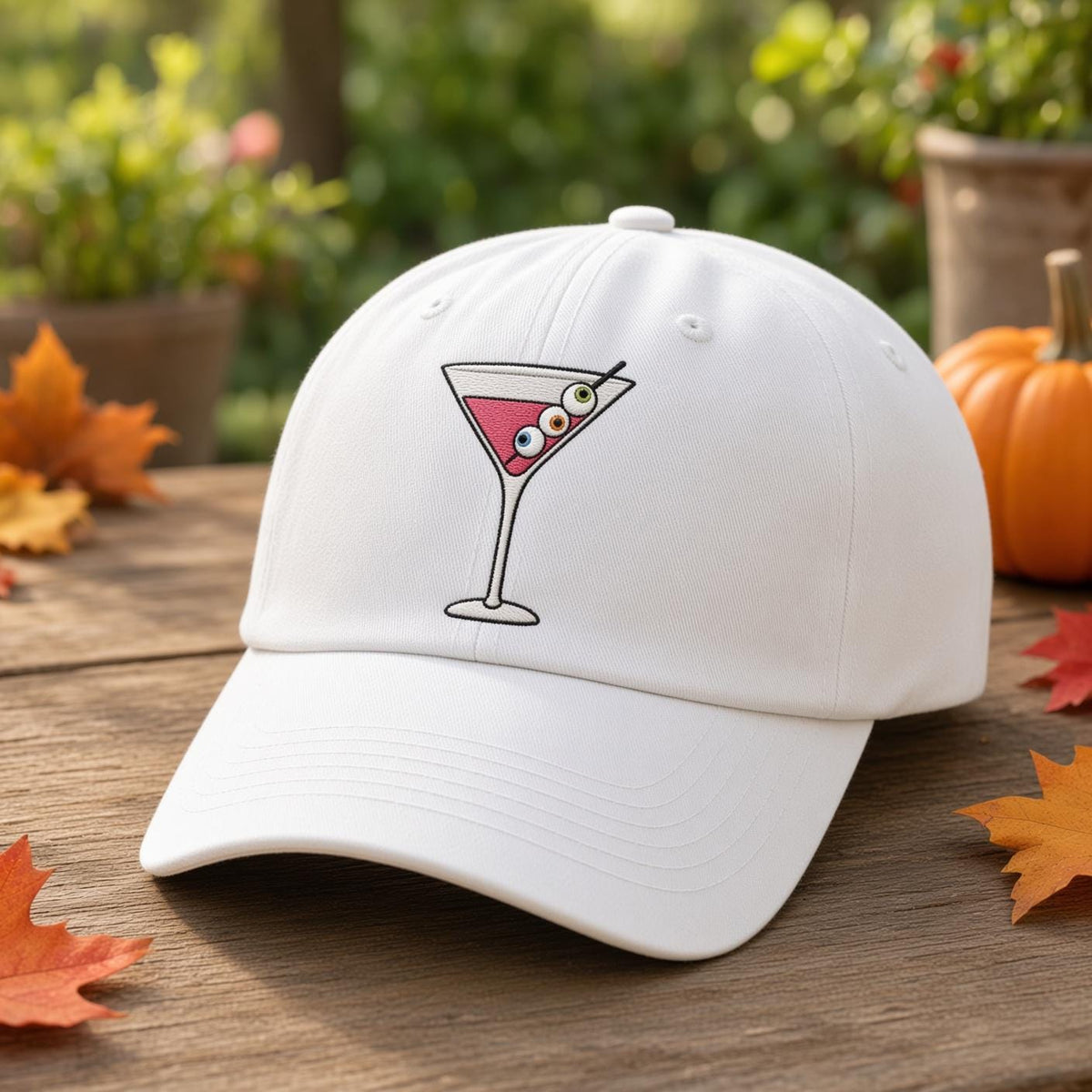 Custom Spooky Cocktail Embroidered Hat, Halloween Drink White Dad Hat, Witch Brew Martini Potion Baseball Cap, Bachelorette Fall Season Gift