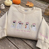 Custom Here For The Boos Sweatshirt, Halloween Drinking Ghost Sleeve Name Crewneck