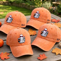Custom Name Ghost Iced Coffee Hat, Orange Halloween Washed Dad Hat, Retro Spooky Season Coffee Lover Baseball Cap, Autumn Fall Gift For Her