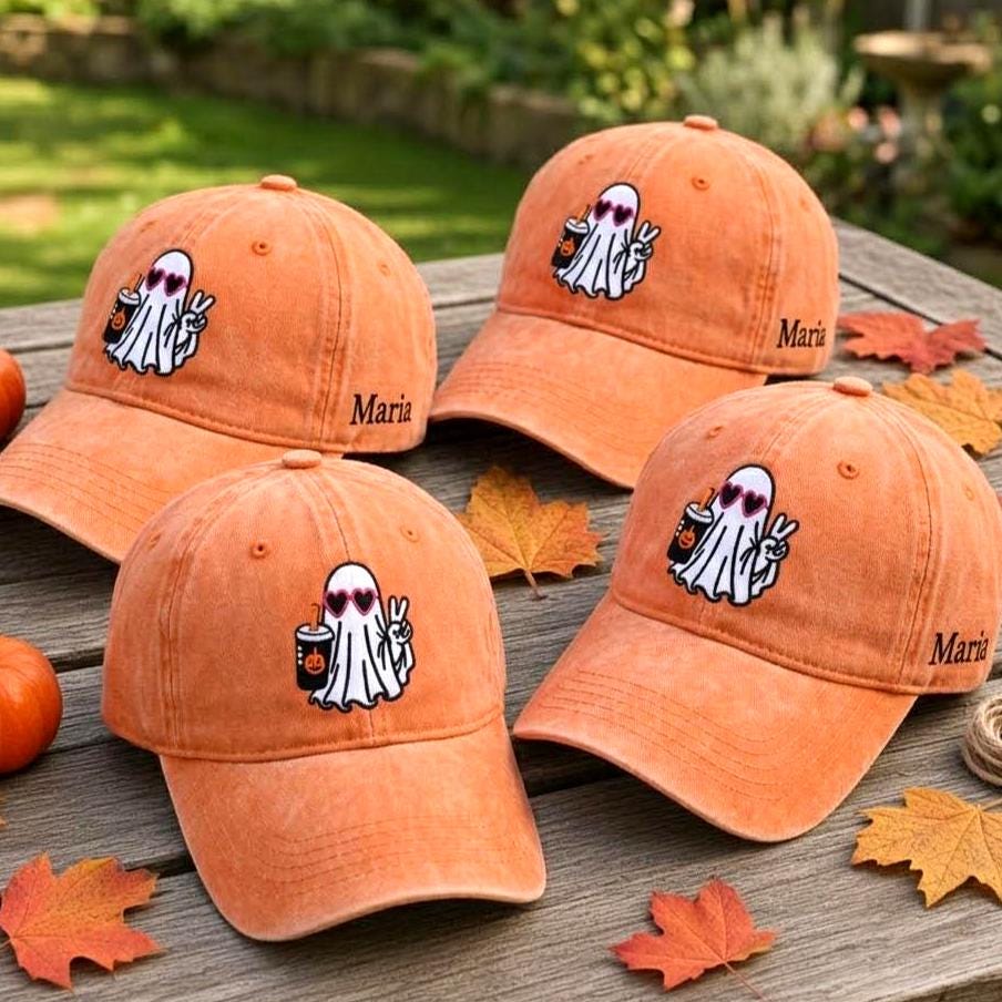 Custom Name Ghost Iced Coffee Hat, Orange Halloween Washed Dad Hat, Retro Spooky Season Coffee Lover Baseball Cap, Autumn Fall Gift For Her