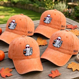 Custom Name Ghost Iced Coffee Hat, Orange Halloween Washed Dad Hat, Retro Spooky Season Coffee Lover Baseball Cap, Autumn Fall Gift For Her