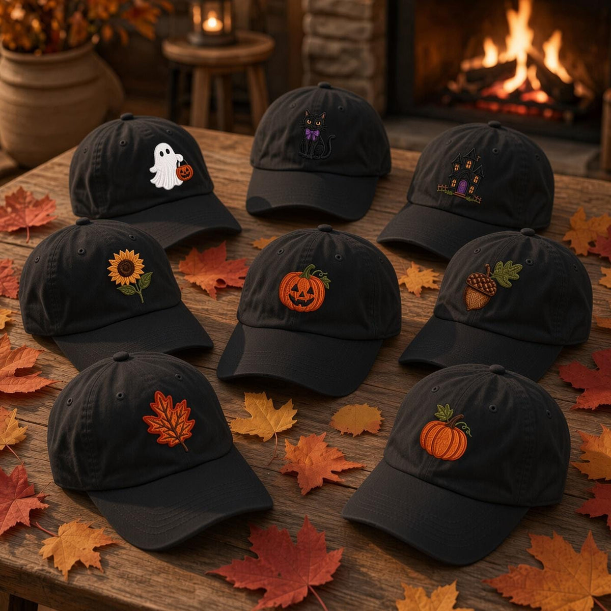 Halloween Icons Embroidered Hat, Ghost Black Cat Pumpkin Leaf Baseball Cap, Fall Gift
