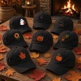 Halloween Icons Embroidered Hat, Ghost Black Cat Pumpkin Leaf Baseball Cap, Fall Gift
