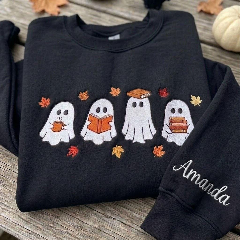 Custom Reading Ghost Embroidered Sweatshirt, Halloween Book Lover Coffee Sleeve Crewneck