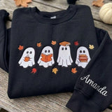 Custom Reading Ghost Embroidered Sweatshirt, Halloween Book Lover Coffee Sleeve Crewneck