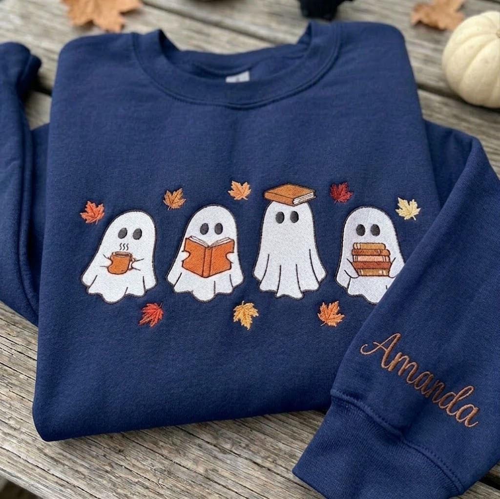 Custom Reading Ghost Embroidered Sweatshirt, Halloween Book Lover Coffee Sleeve Crewneck
