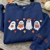 Custom Reading Ghost Embroidered Sweatshirt, Halloween Book Lover Coffee Sleeve Crewneck
