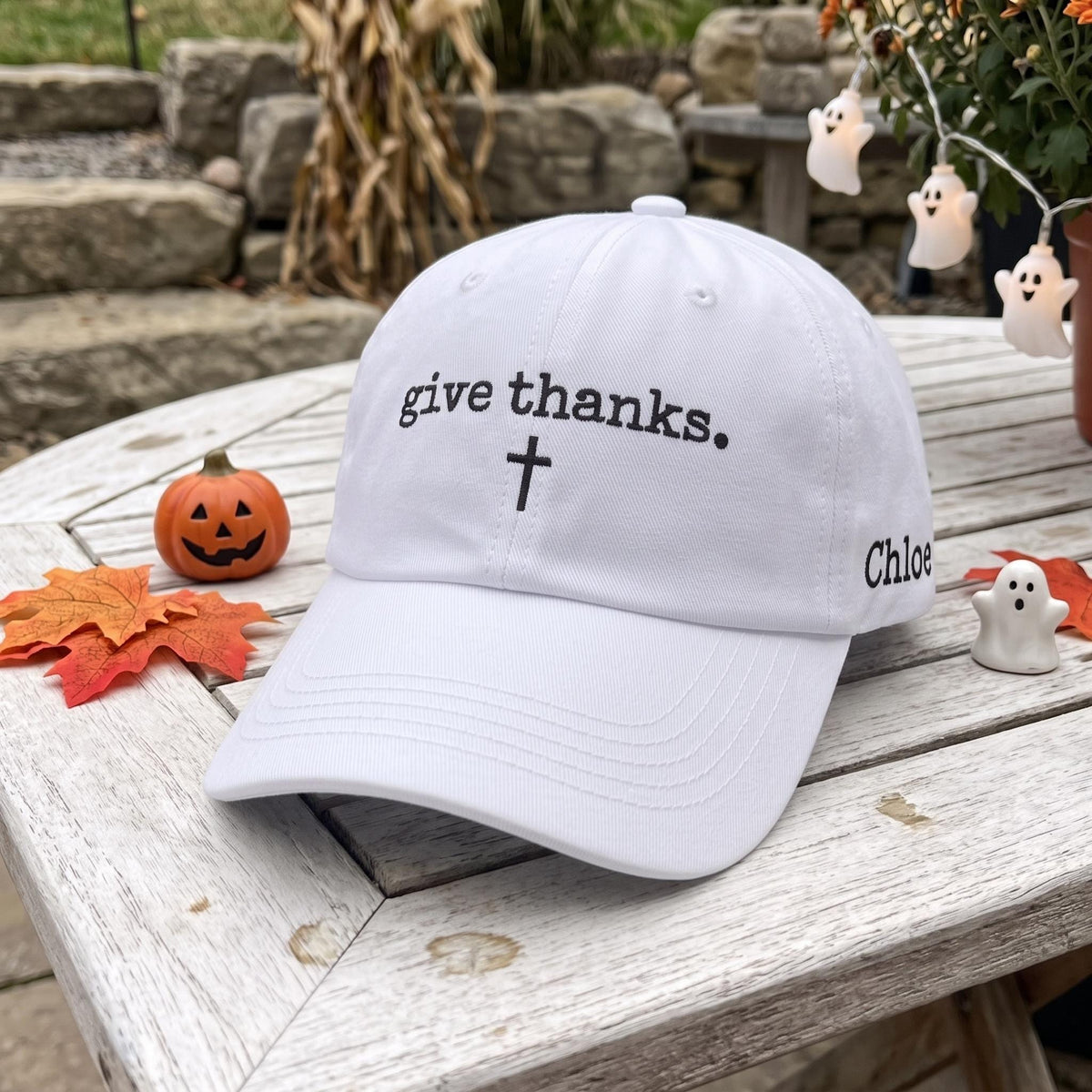 Custom Name Give Thanks Cross Hat, Embroidered Christian Dad Hat, Vintage Washed Faith Baseball Cap, Thanksgiving Autumn Fall Gift For Her