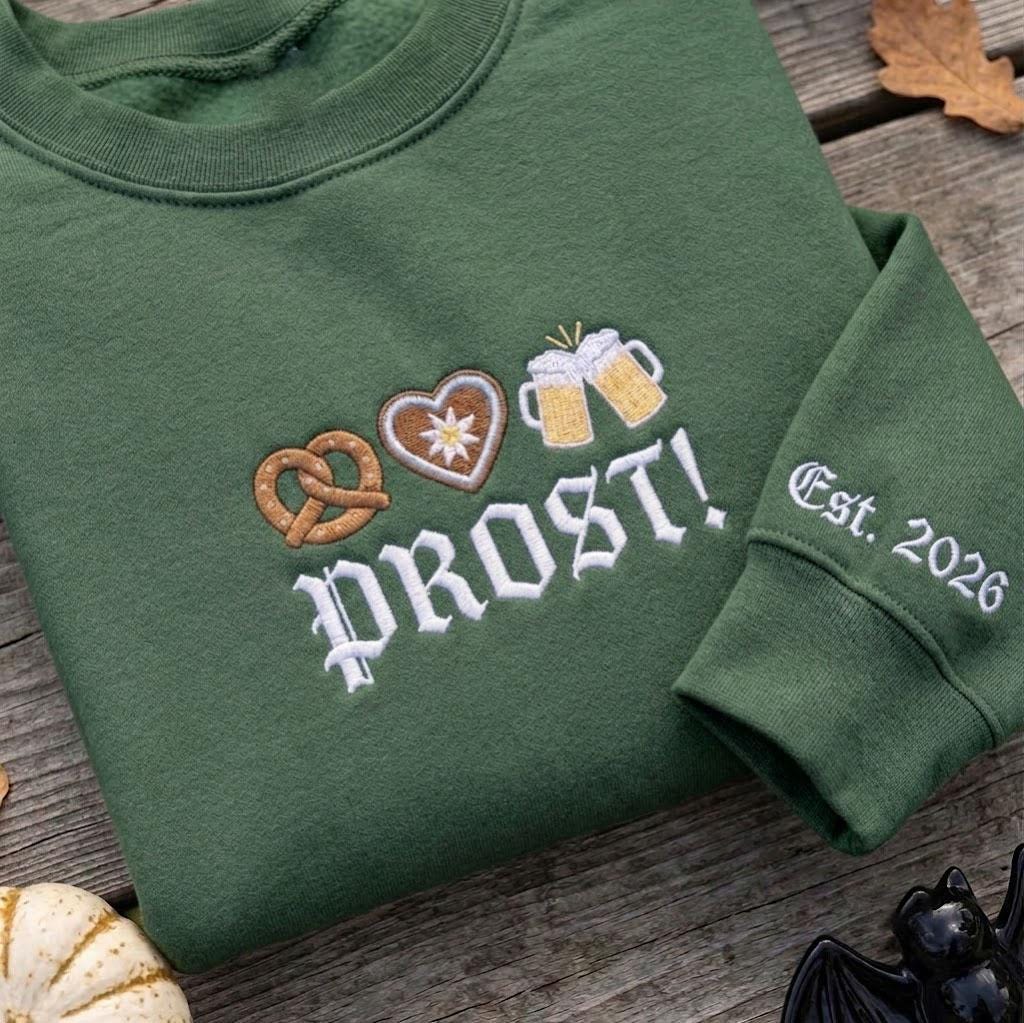 Custom Prost Embroidered Sweatshirt, Oktoberfest Beer Pretzel Sleeve Crewneck