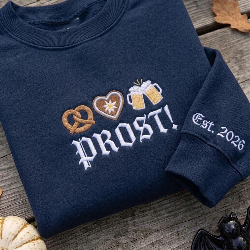 Custom Prost Embroidered Sweatshirt, Oktoberfest Beer Pretzel Sleeve Crewneck