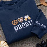 Custom Prost Embroidered Sweatshirt, Oktoberfest Beer Pretzel Sleeve Crewneck