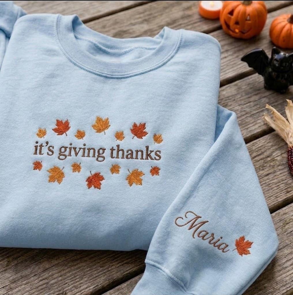 Custom It's Giving Thanks Sweatshirt, Thanksgiving Maple Leaves Sleeve Name Crewneck