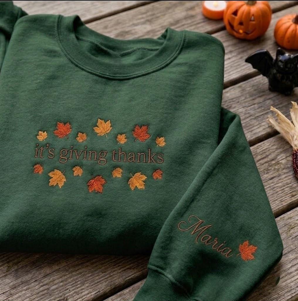 Custom It's Giving Thanks Sweatshirt, Thanksgiving Maple Leaves Sleeve Name Crewneck