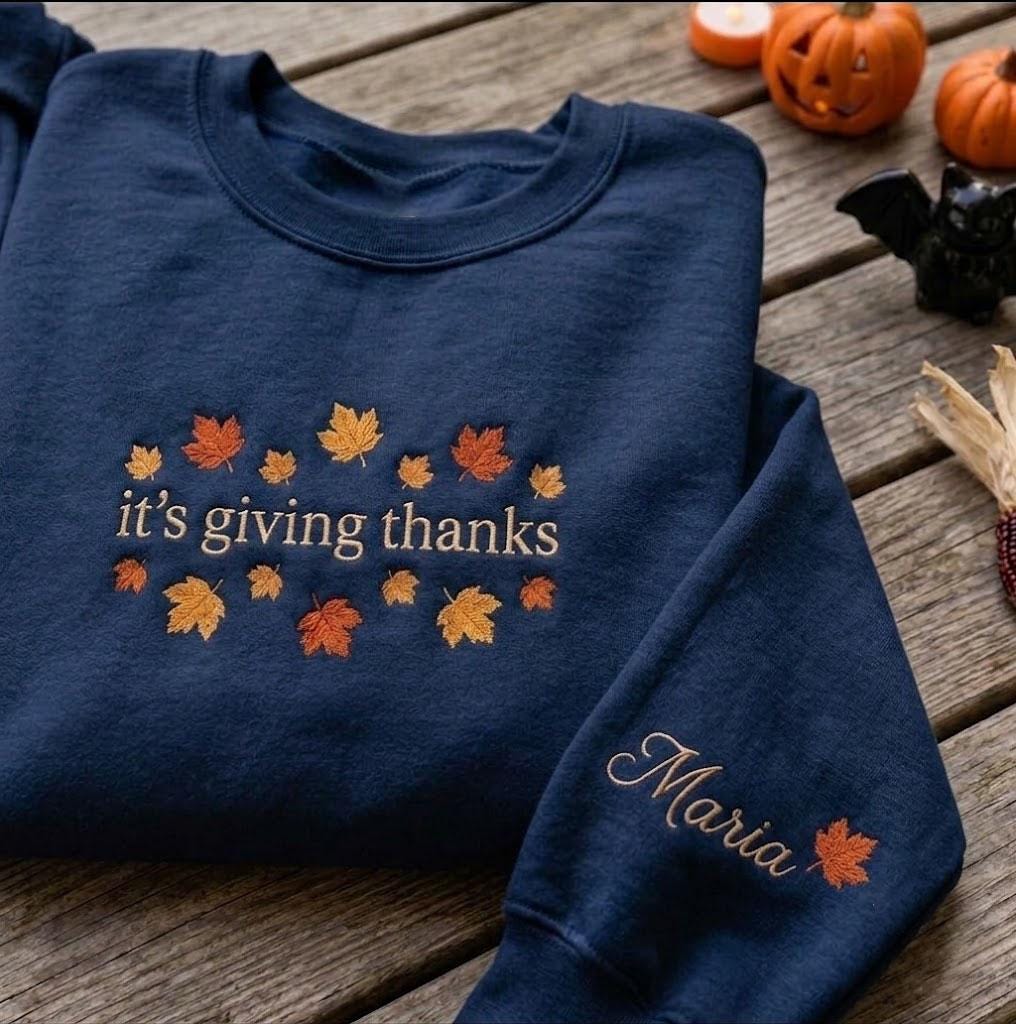Custom It's Giving Thanks Sweatshirt, Thanksgiving Maple Leaves Sleeve Name Crewneck