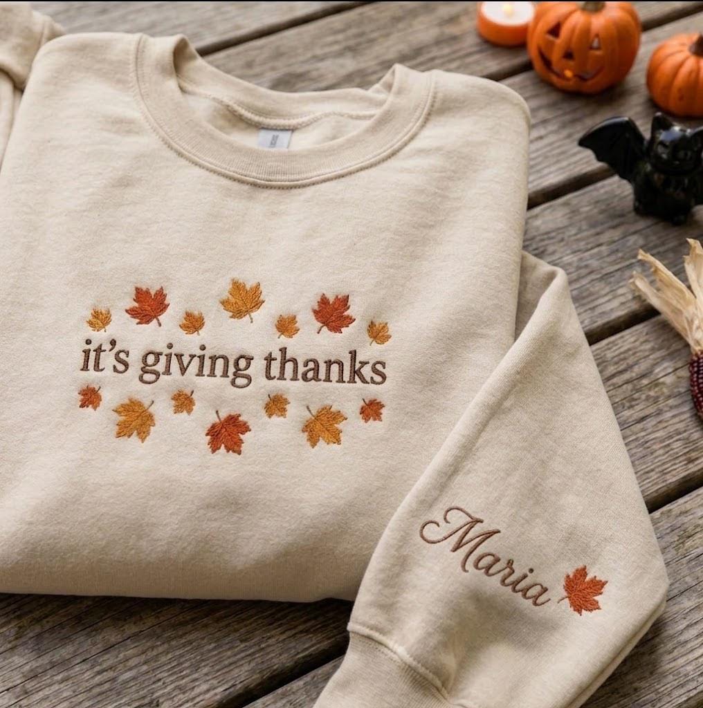 Custom It's Giving Thanks Sweatshirt, Thanksgiving Maple Leaves Sleeve Name Crewneck