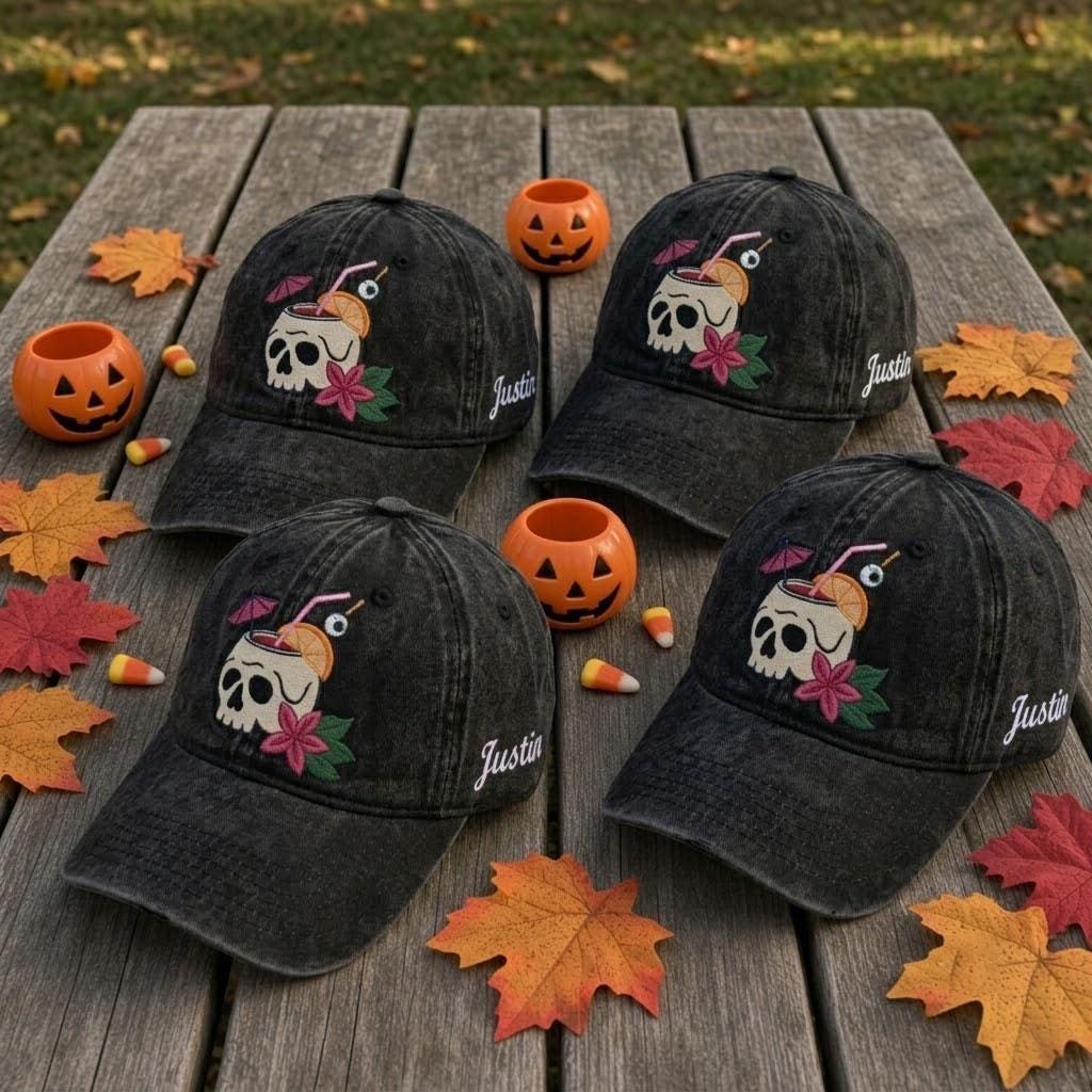 Custom Skull Cocktail Embroidered Washed Cotton Dad Hat