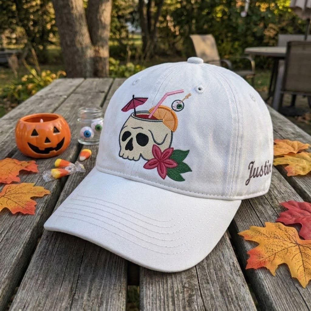 Custom Name Skull Cocktail Embroidered Hat, Orange Washed Cotton Dad Hat, Spooky Tropical Halloween Baseball Cap, Fall Season Party Gift
