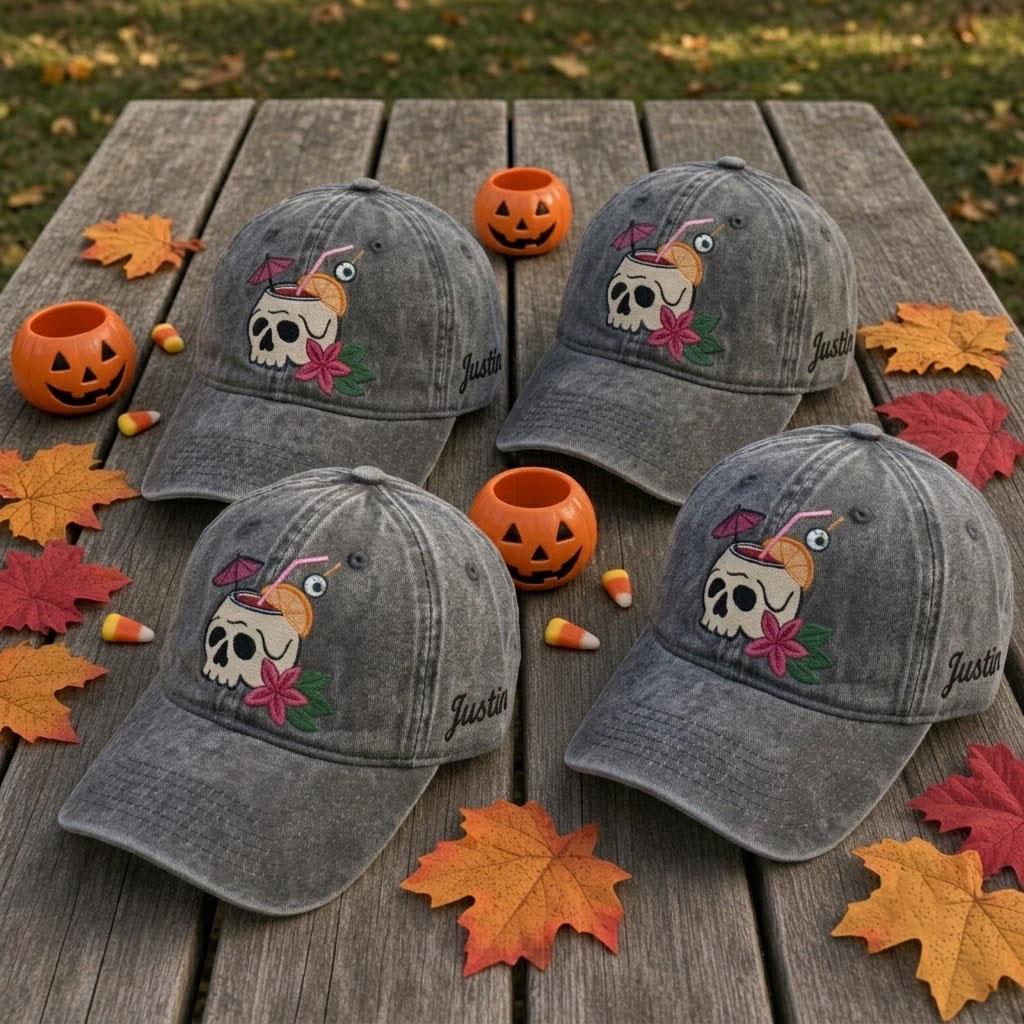Custom Skull Cocktail Embroidered Washed Cotton Dad Hat
