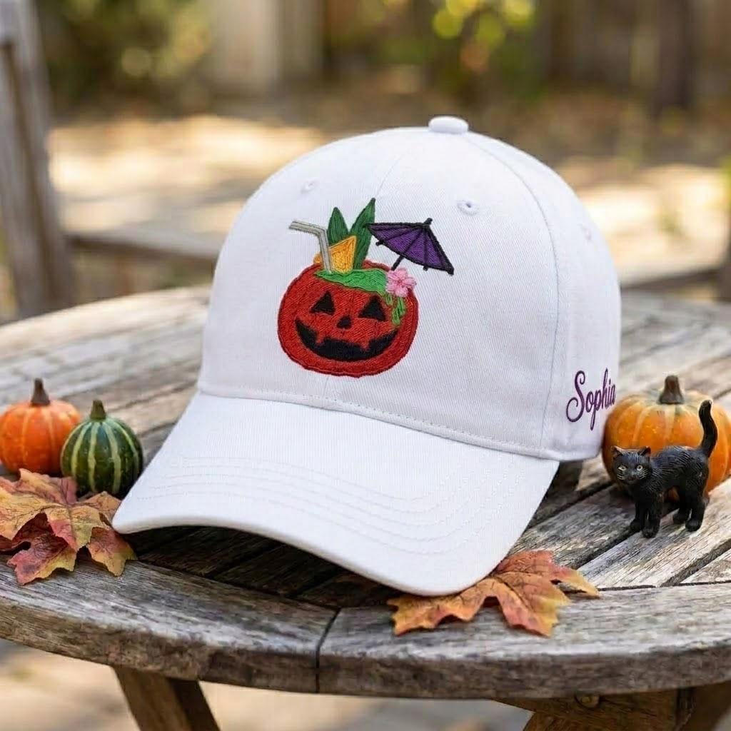 Custom Name Pumpkin Cocktail Embroidered Hat - Washed Cotton Halloween Baseball Cap