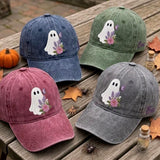Custom Name Floral Ghost Embroidered Hat, Vintage Lavender Rose Butterfly Dad Hat, Washed Cotton Halloween Baseball Cap, Spooky Fall Gift