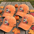 Custom Name Skull Cocktail Embroidered Hat, Orange Washed Cotton Dad Hat, Spooky Tropical Halloween Baseball Cap, Fall Season Party Gift