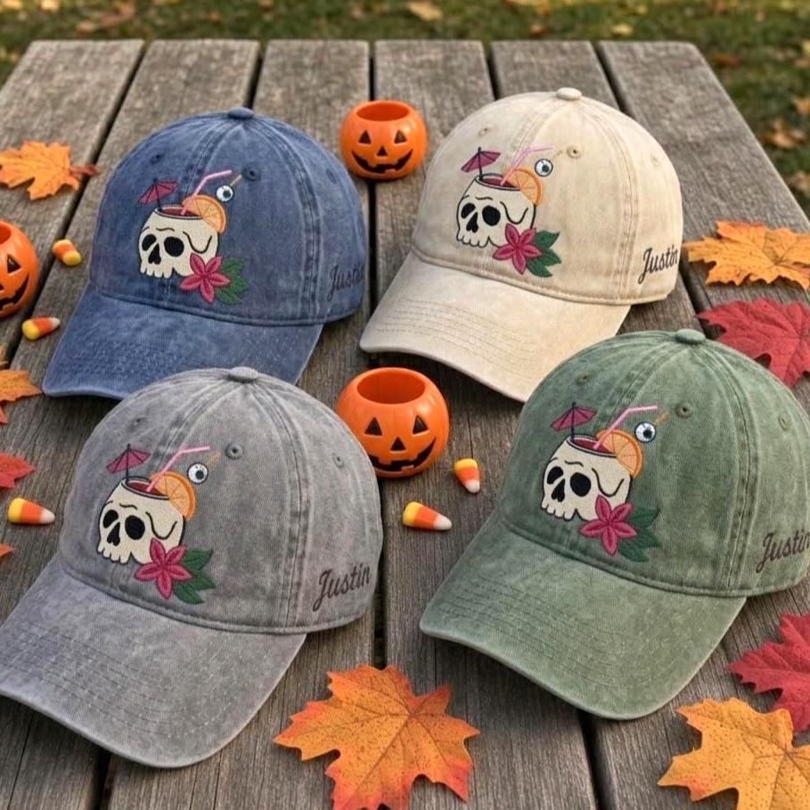 Custom Name Skull Cocktail Embroidered Hat, Orange Washed Cotton Dad Hat, Spooky Tropical Halloween Baseball Cap, Fall Season Party Gift