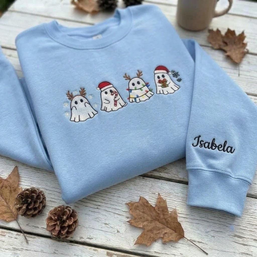 Custom Christmas Ghost Embroidered Sweatshirt, Spooky Holiday Sleeve Name Crewneck