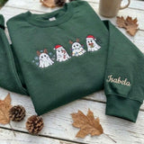 Custom Christmas Ghost Embroidered Sweatshirt, Spooky Holiday Sleeve Name Crewneck