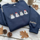 Custom Christmas Ghost Embroidered Sweatshirt, Spooky Holiday Sleeve Name Crewneck