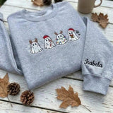 Custom Christmas Ghost Embroidered Sweatshirt, Spooky Holiday Sleeve Name Crewneck