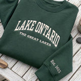 Custom Embroidered Lake Ontario Sweatshirt, Great Lakes Sleeve Est Date Crewneck