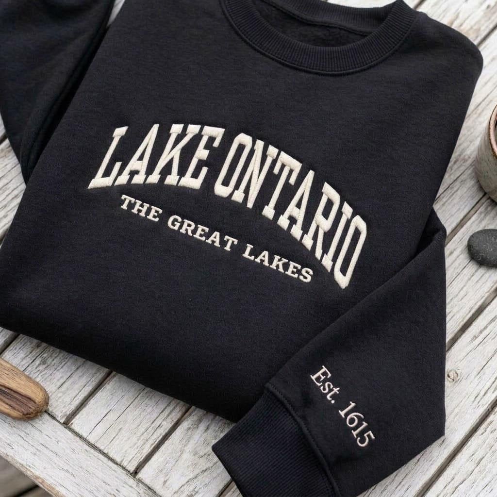 Custom Embroidered Lake Ontario Sweatshirt, Great Lakes Sleeve Est Date Crewneck