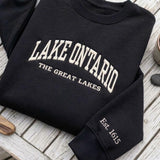 Custom Embroidered Lake Ontario Sweatshirt, Great Lakes Sleeve Est Date Crewneck
