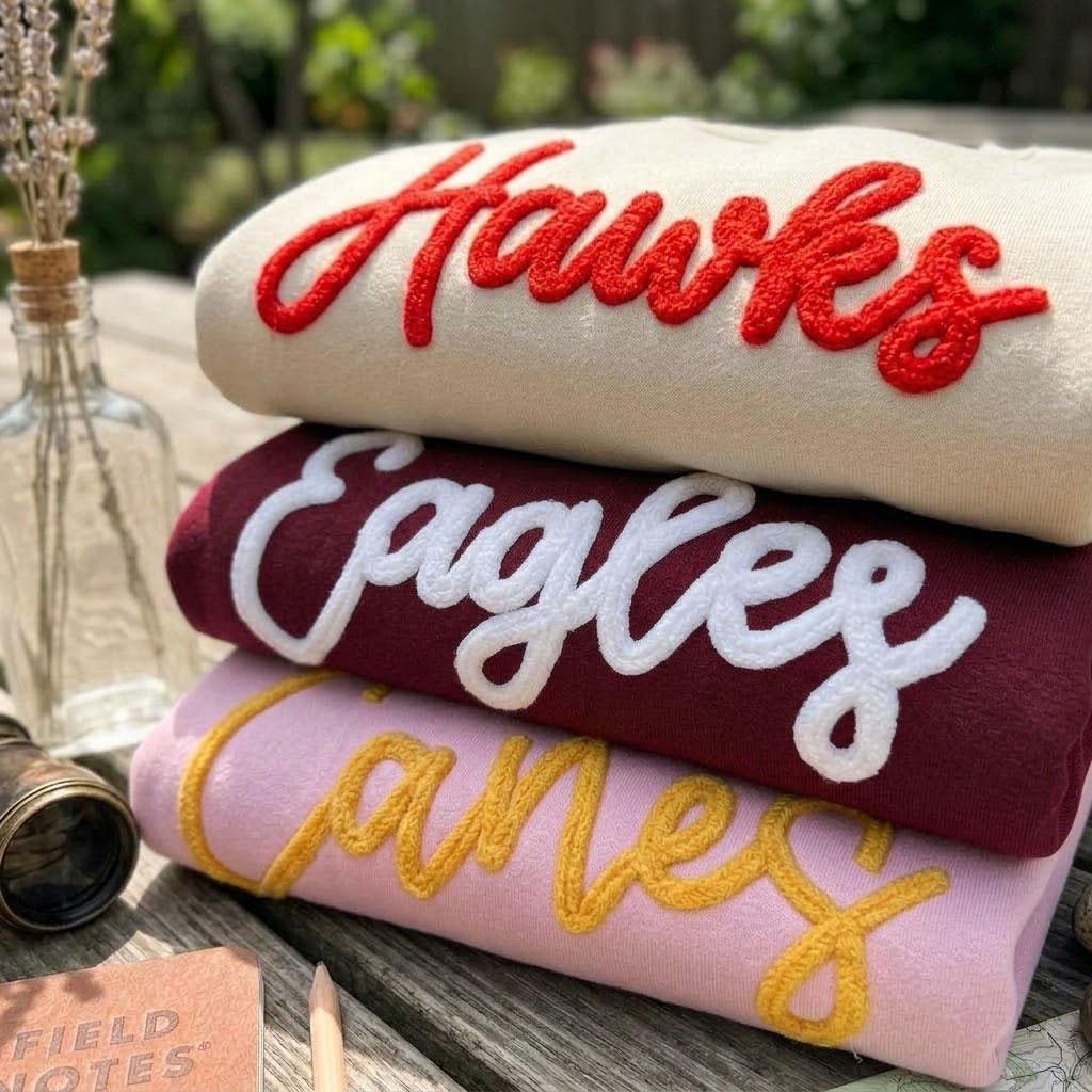 Custom Chunky Yarn Embroidered Team Sweatshirt, Personalized Mascot Game Day Football Gift