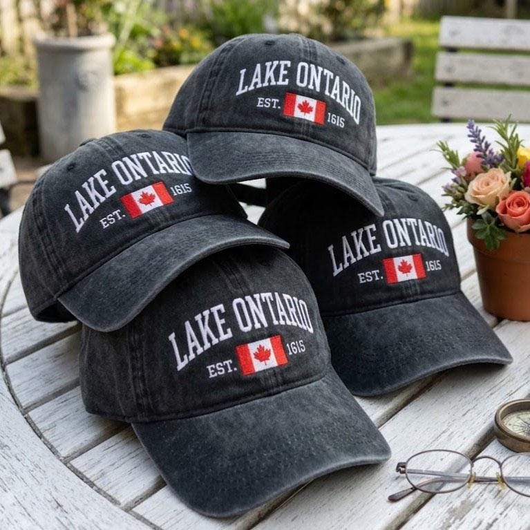 Custom Lake Ontario Embroidered Hat, Vintage Canada Flag Baseball Cap, Personalized Great Lakes Dad Hat, Washed Cotton Lake Vacation Gift