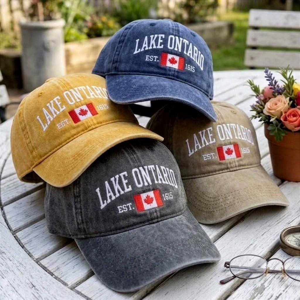 Custom Lake Ontario Embroidered Hat, Vintage Canada Flag Baseball Cap, Personalized Great Lakes Dad Hat, Washed Cotton Lake Vacation Gift