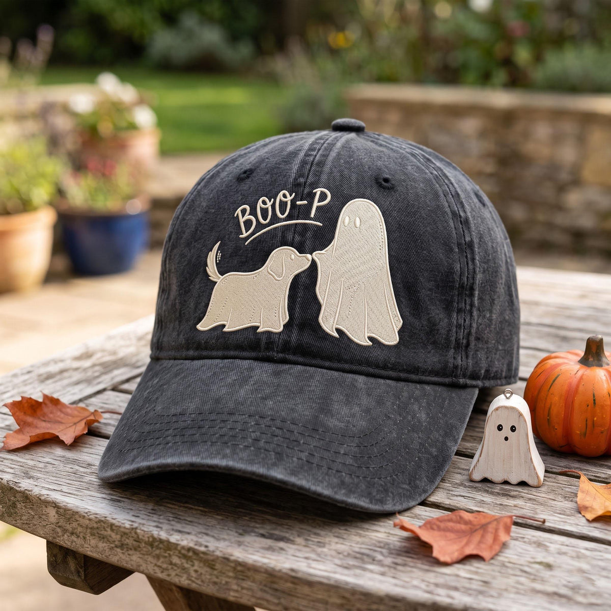 Embroidered Ghost Dog Hat, Boo-p Halloween Baseball Cap