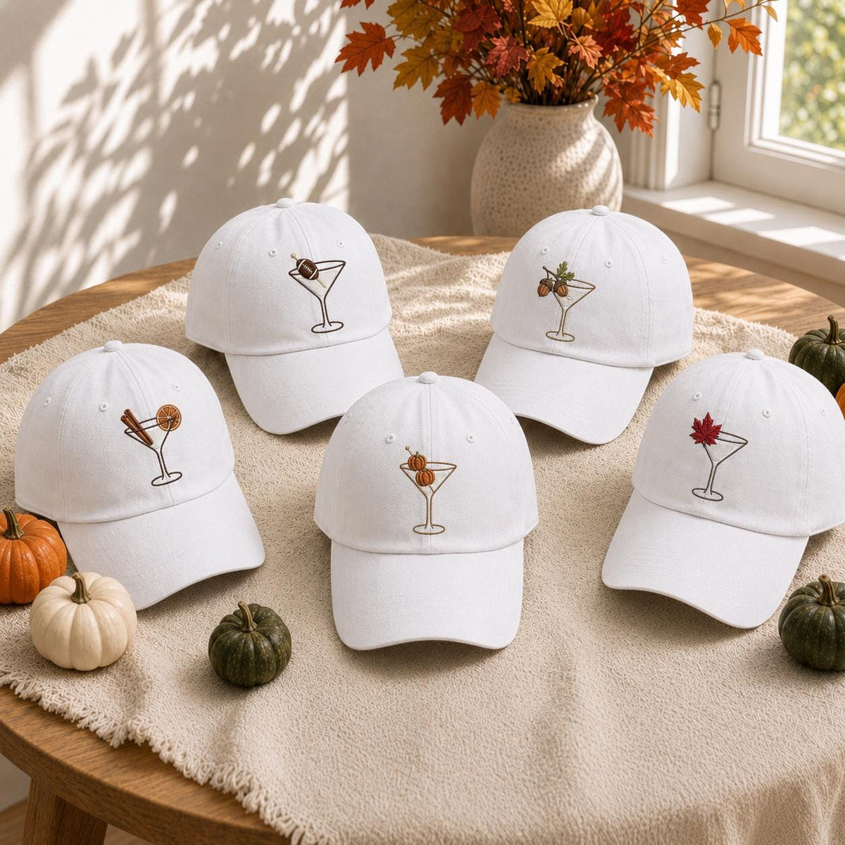 Autumn Cocktail Icons Embroidered Hat, Halloween Drink Baseball Cap, Matching Fall Party Gift