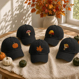 Fall Nature Icons Embroidered Hat, Autumn Leaves Pumpkin Baseball Cap, Harvest Season Gift
