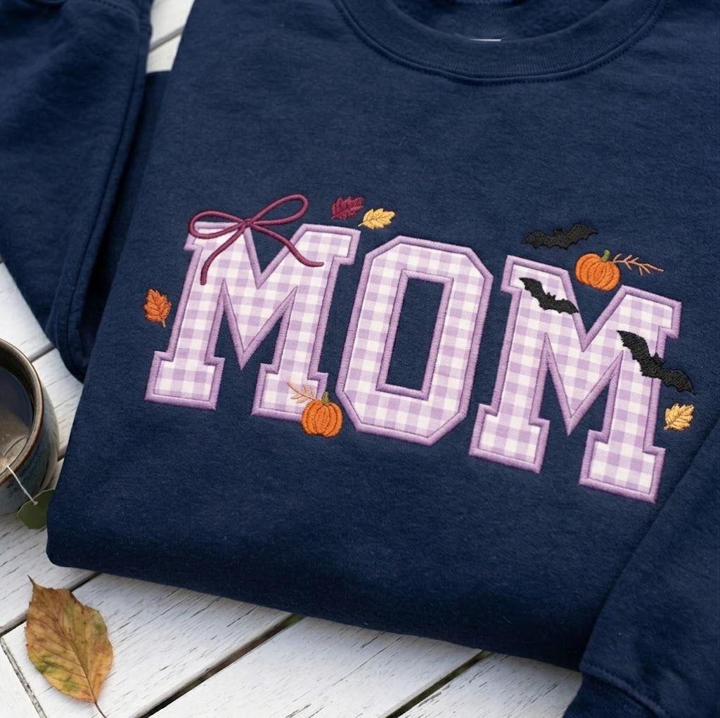 Custom Halloween Mama Applique Sweatshirt, Gigi Grandma Gingham Embroidered Crewneck