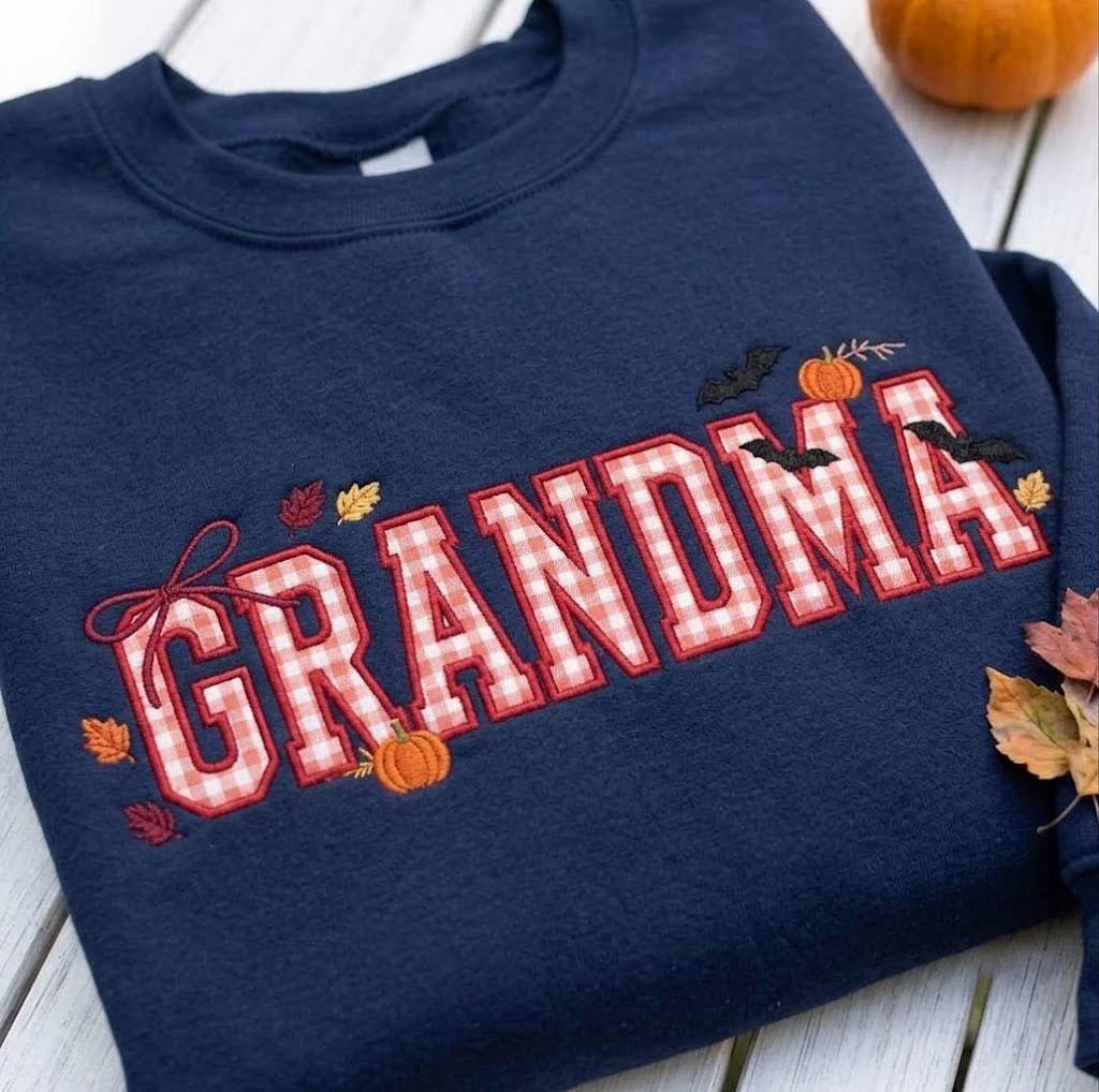 Custom Halloween Mama Applique Sweatshirt, Gigi Grandma Gingham Embroidered Crewneck