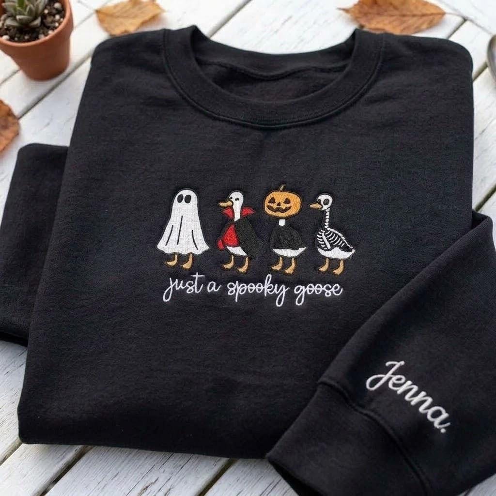 Custom Spooky Goose Embroidered Sweatshirt, Funny Halloween Sleeve Name Crewneck