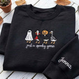 Custom Spooky Goose Embroidered Sweatshirt, Funny Halloween Sleeve Name Crewneck