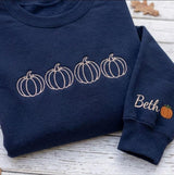 Custom Pumpkin Embroidered Sweatshirt, Line Art Fall Sleeve Name Crewneck
